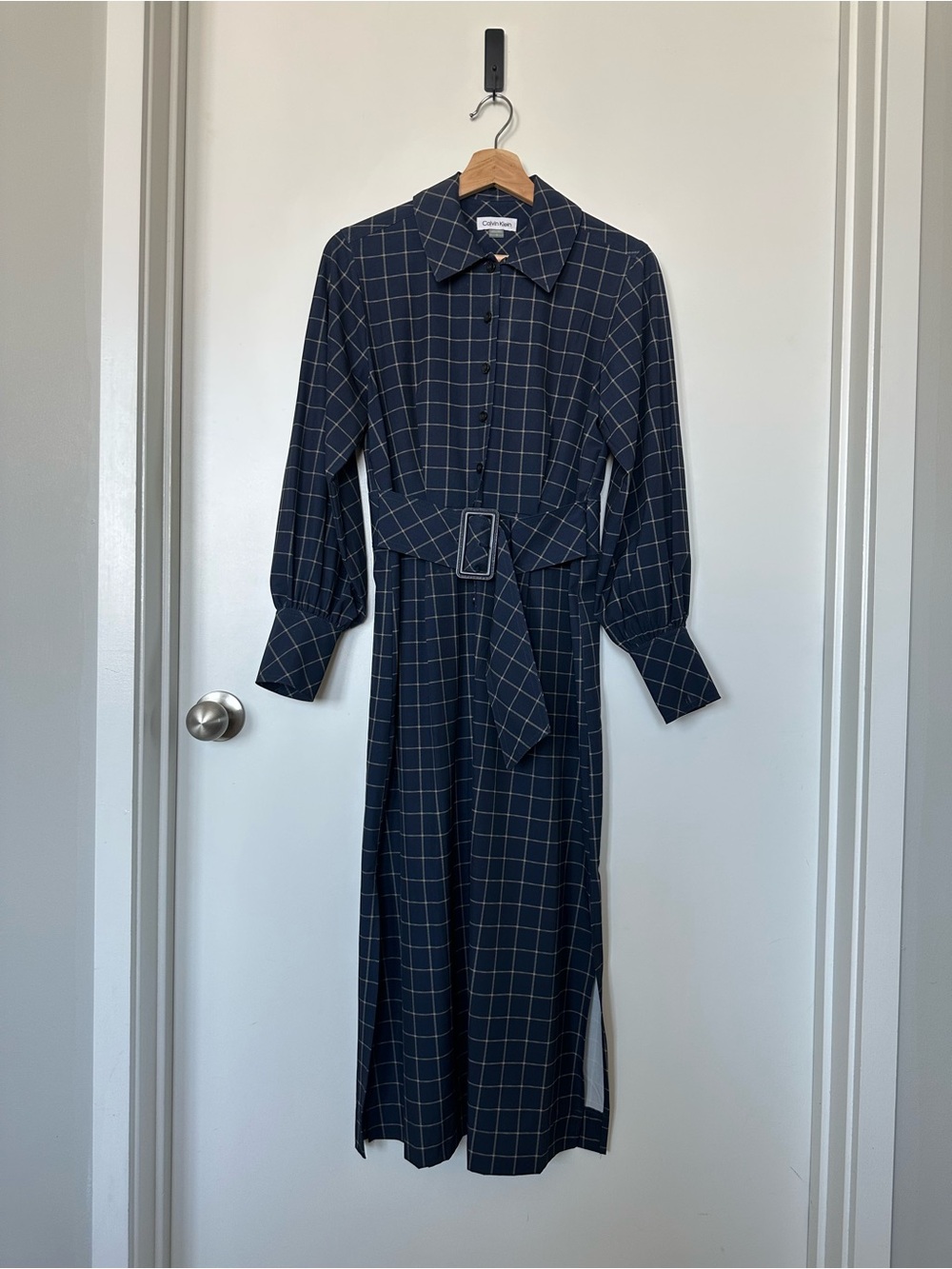 Calvin Klein Navy Plaid Belted Shirt Dress Size 2 Long Sleeve